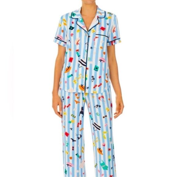kate spade S White Aqua Blue Vertical Stripe Beach Themed Top Crop Pants PJ Set - Picture 1 of 11